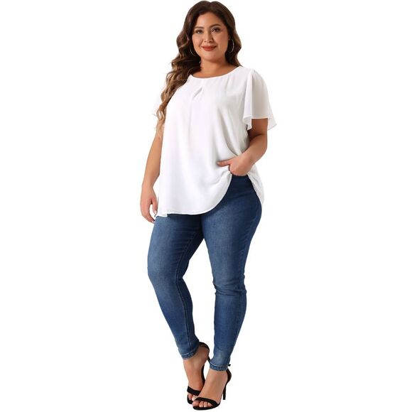 Plus Size Chiffon Blouse Ruffle Sleeve Double-Layered Shirt Work Tops White - Picture 3 of 5